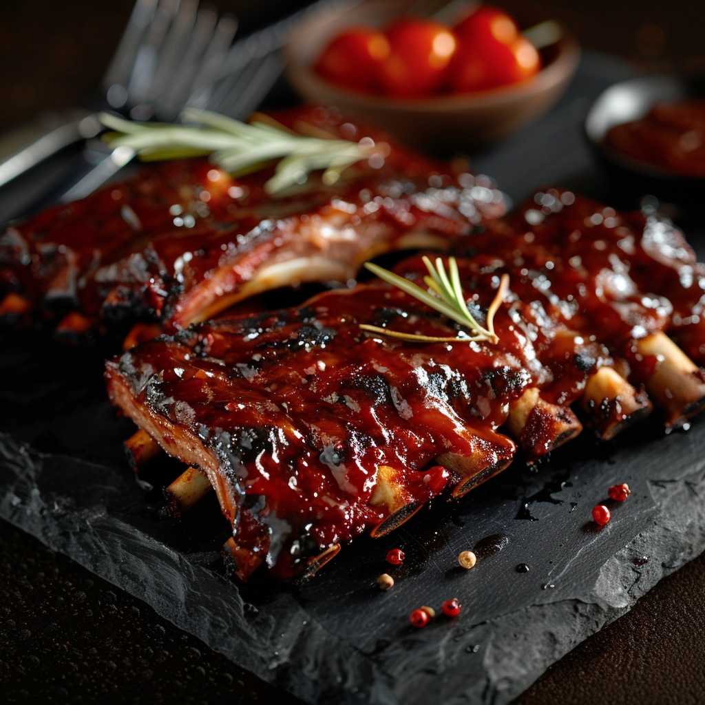 Food Porn: A high-quality photo of BBQ ribs in a modern and clean style. The scene is lit w