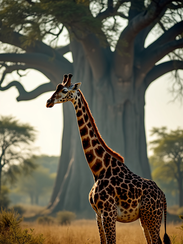 Majestätische Tiere: A majestic photo of a towering giraffe, captured in a serene and noble style, wi