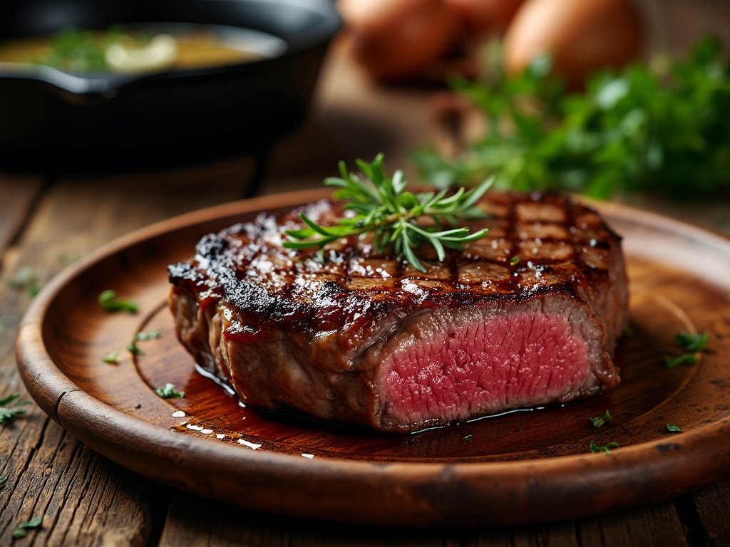 Food Porn: A high-quality photo of a medium ribeye steak on a wooden plate in rustic and co