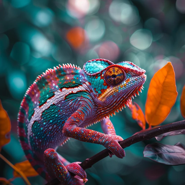 Majestätische Tiere: A majestic photo of a chameleon, captured in a vibrant and unique style, with br