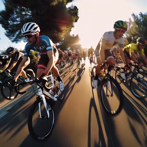 „action camera photo of a group of cyclists, taken during the race from a camera on the cycle“