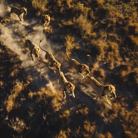 „Aerial action footage of a group of lions chasing prey in Africa“