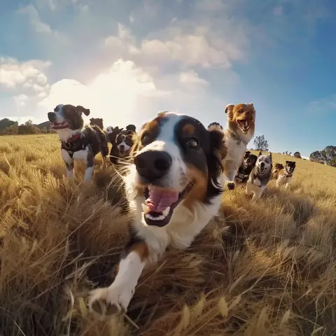 „footage from a group of dogs chasing across a meadow, taken by a dog with a mounted gopro„