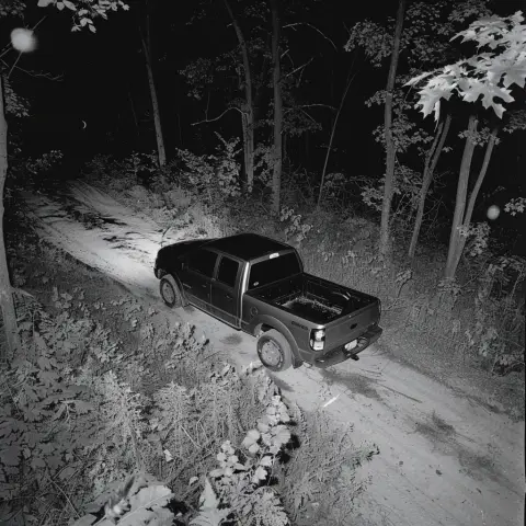 „Footage from a pickup truck in the woods, taken by a night vision surveillance drone„