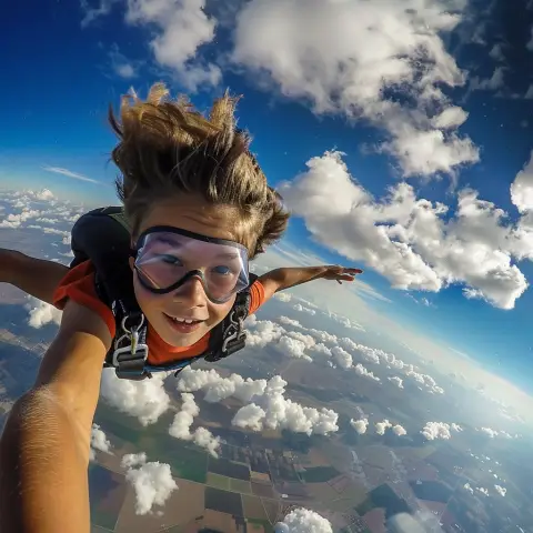 „GoPro selfie shot taken from a kid skydiver“