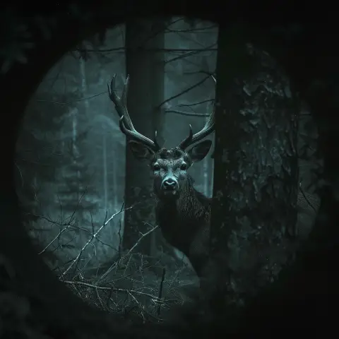 „Night vision camera shot of a deer in a dark forest“