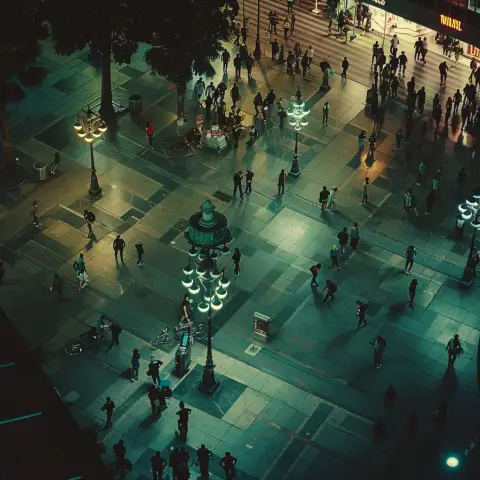 „Surveillance camera shot of a crowded public square at night“