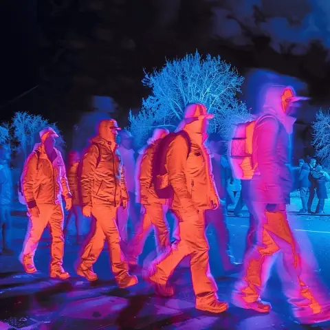 „Thermal camera shot of a group of people in a cold night showing heat signatures“