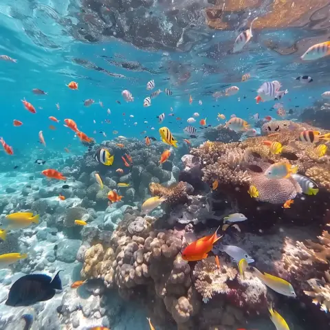 „Underwater camera shot of a coral reef with colorful fish swimming around“
