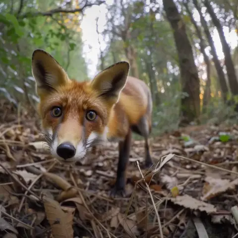 „Wildlife camera shot of a fox sneaking through a forest at dusk“