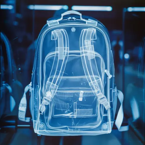 „X-ray camera shot of a backpack at an airport security checkpoint“