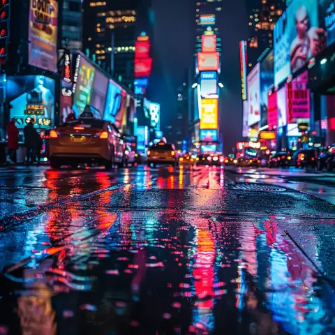 „a photo of a bustling city street at night, lights reflected on a wet asphalt surface“