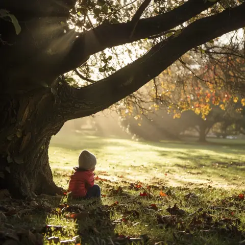 „a photo of a child playing under a tree, with soft shadows on a cloudy day“