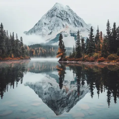 „a photo of a mountain reflected perfectly in the still waters of a lake“