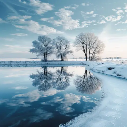 „a photo of a snowy landscape reflected on a frozen lake“