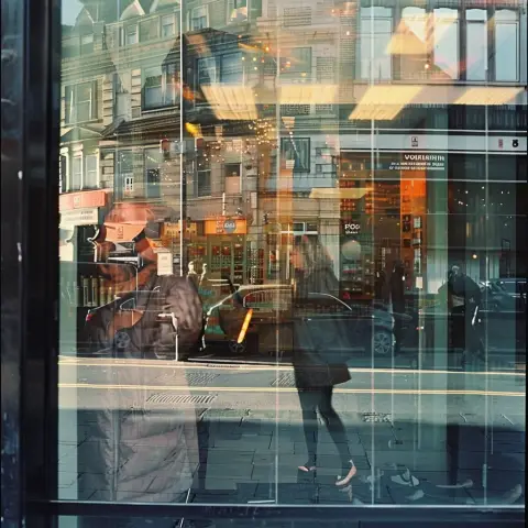 „a photo of a street scene captured in the reflection of a shop windowr“