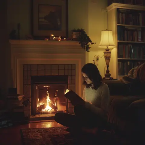 by fireplace light