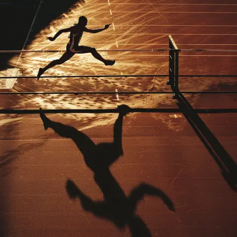 „a photo of an athlete jumping over hurdles, casting dynamic shadows on the track“