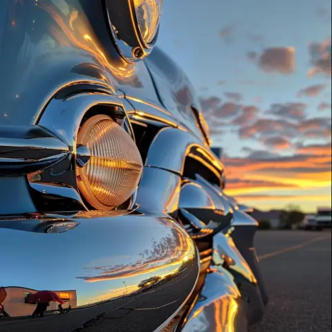 „a photo of an old car with the sunrise reflected on its shiny bumper“