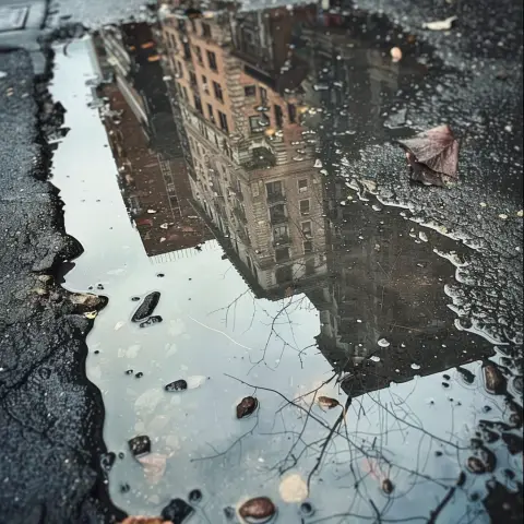 „a photo of an urban landscape reflected in a puddle after rain“