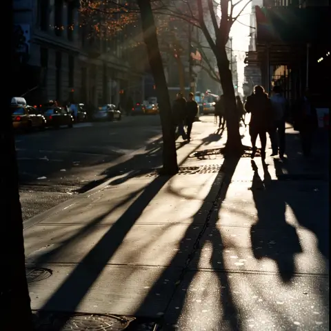 „a photo of an urban scene at noon, casting sharp, long shadows“