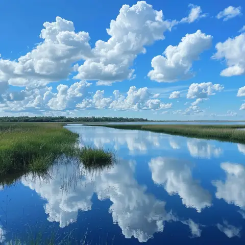 „a photo of clouds and blue sky reflected in a calm pond“