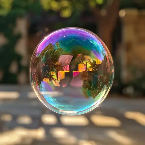 „a photo of colorful reflections on the surface of a soap bubble floating in the air“
