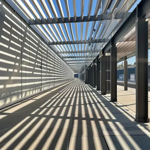 „a photo of the sharp shadows cast by a modern architectural structure in the midday sun“