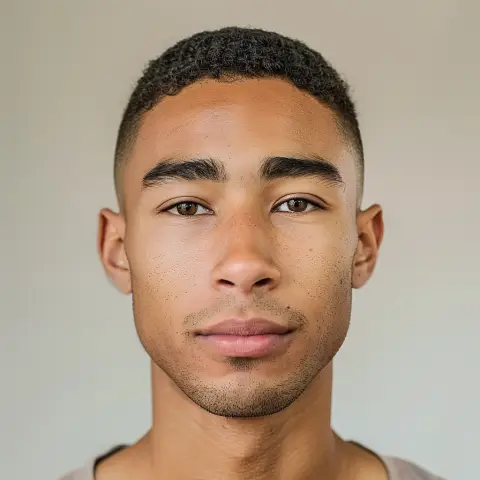 short, neatly trimmed hair