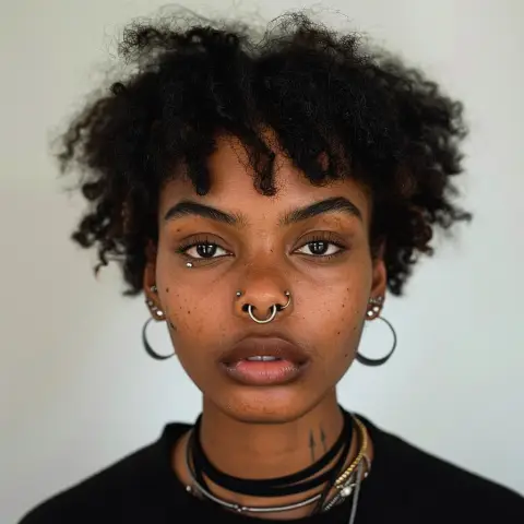 a nose ring and multiple ear piercings