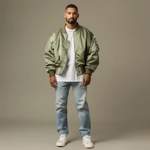bomber jacket and straight-leg jeans
