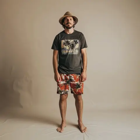 graphic tee and board shorts