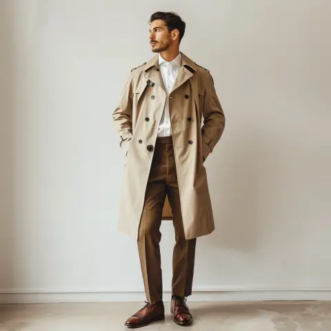trench coat and tailored trousers