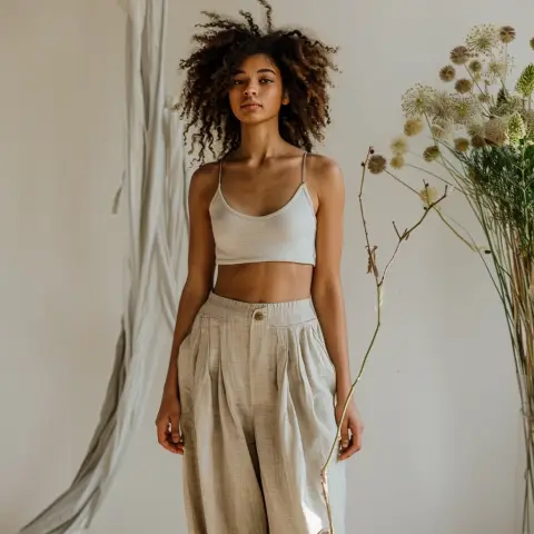 casual tank top and linen trousers