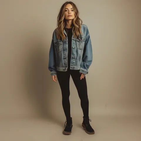 denim jacket and black leggings