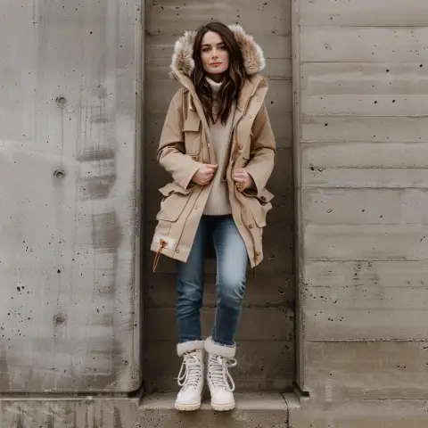 faux fur-lined parka and skinny jeans