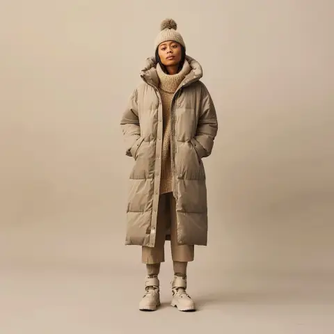 insulated coat with a knit beanie