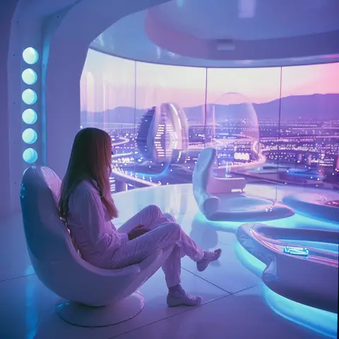 „year 2200, futuristic photo of a woman sitting in a futuristic living room, taken in the year 2200“