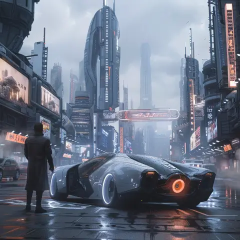 „year 2200, photo of a man standing next to his futuristic vehicle in a futuristic city, taken in the year 2200“
