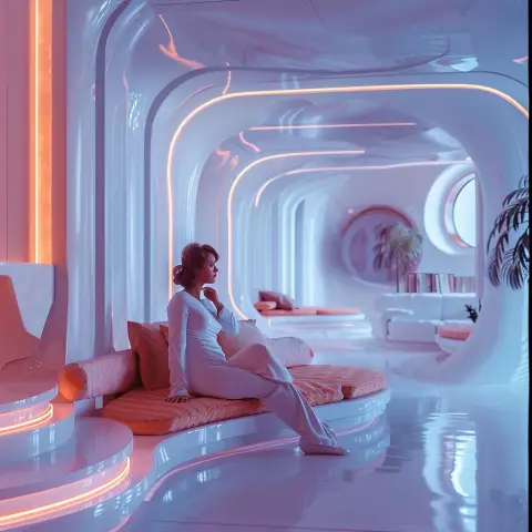 „year 3000, futuristic photo of a woman sitting in a futuristic living room, taken in the year 3000“
