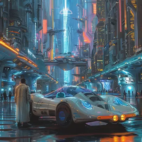 „year 3000, photo of a man standing next to his futuristic vehicle in a futuristic city, taken in the year 3000“