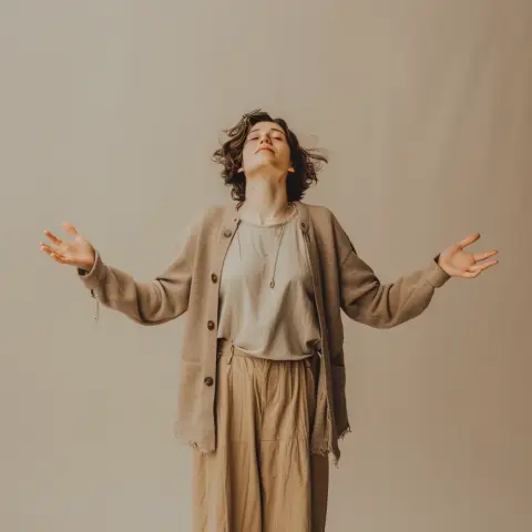 Erleichterung/Dankbarkeit: „A full-body shot of a person looking relieved, taking a deep breath with arms open, set against a neutral background“