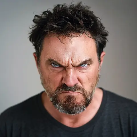 anger - narrowed eyes and a scowling mouth