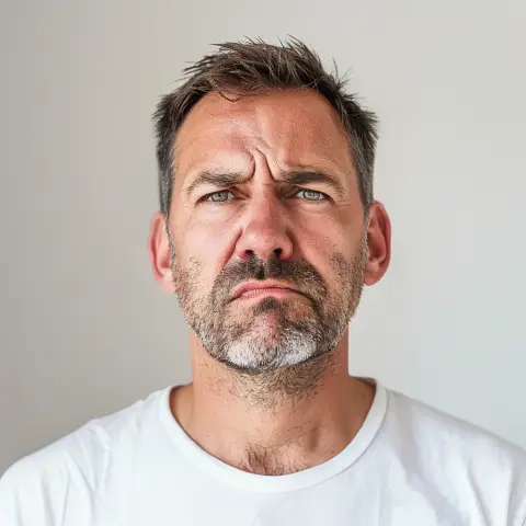 disappointment - lowered head and a sad or resigned expression