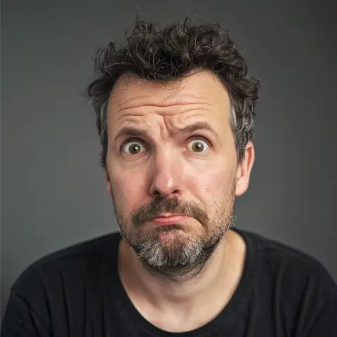 confusion - furrowed brows, lowered gaze, and slightly open mouth
