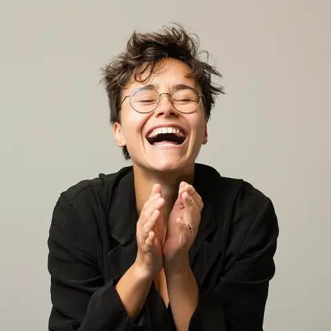 Freude/Aufregung: „A portrait of a person laughing joyfully, hands clasped and raised in excitement, set against a neutral background“