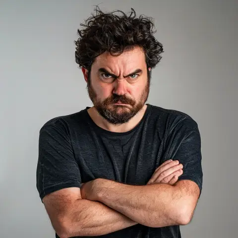 Trotz/Wut: „A portrait of a person scowling with anger, arms crossed defensively, set against a neutral background“