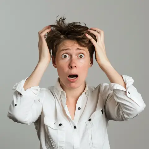OMG: „A portrait of a person showing surprise, hands on their head, eyes wide, set against a neutral background“